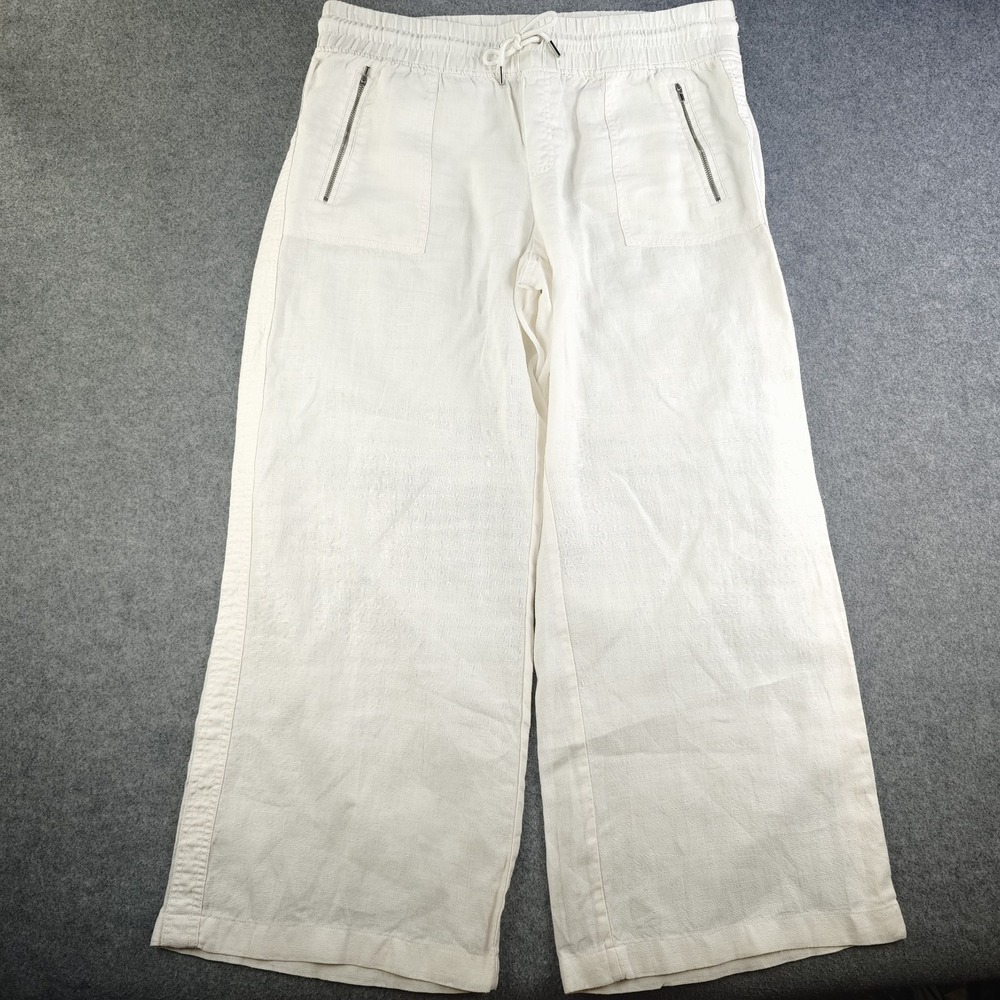 Athleta Cabo Linen Wide Leg Pants Women's‎ 14 White 100% Linen Zip Pockets